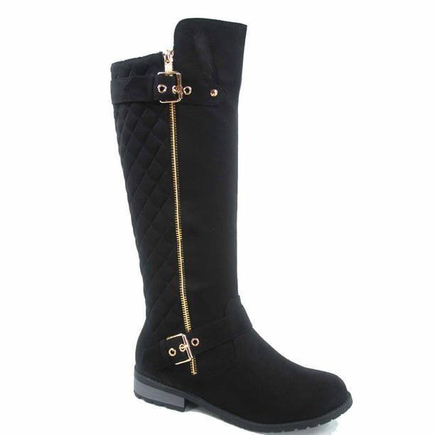 Simple Round Toe Buckle Strap Platform Low Stacked Boots Womens Dressy Knee High Boots with Zipper 